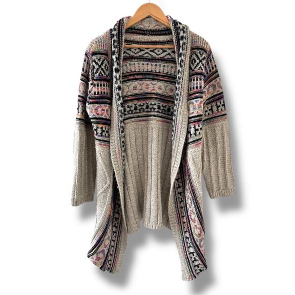 Rising International Aztec Pattern Long Beige Cardigan Women's Size Medium Boho